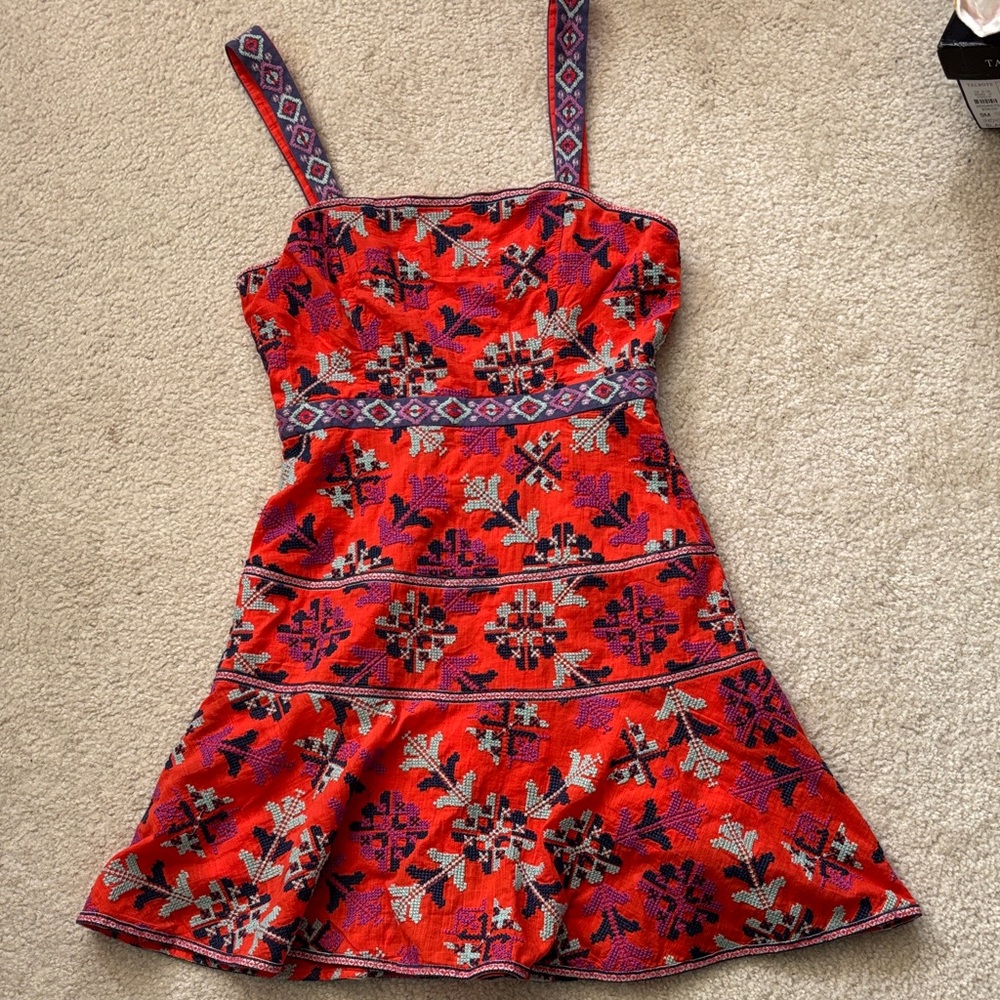 Anthropologie Red Embroidered Mini Dress